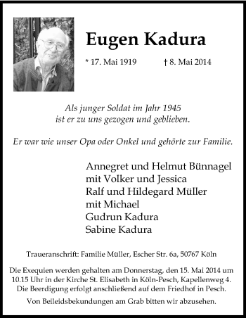 Anzeige von Eugen Kadura von Kölner Stadt-Anzeiger / Kölnische Rundschau / Express