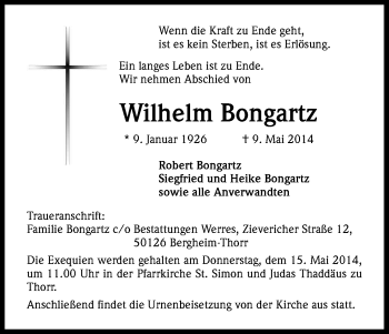 Anzeige von Wilhelm Bongartz von Kölner Stadt-Anzeiger / Kölnische Rundschau / Express