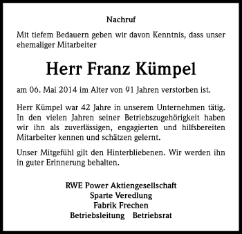 Anzeige von Franz Kümpel von Kölner Stadt-Anzeiger / Kölnische Rundschau / Express