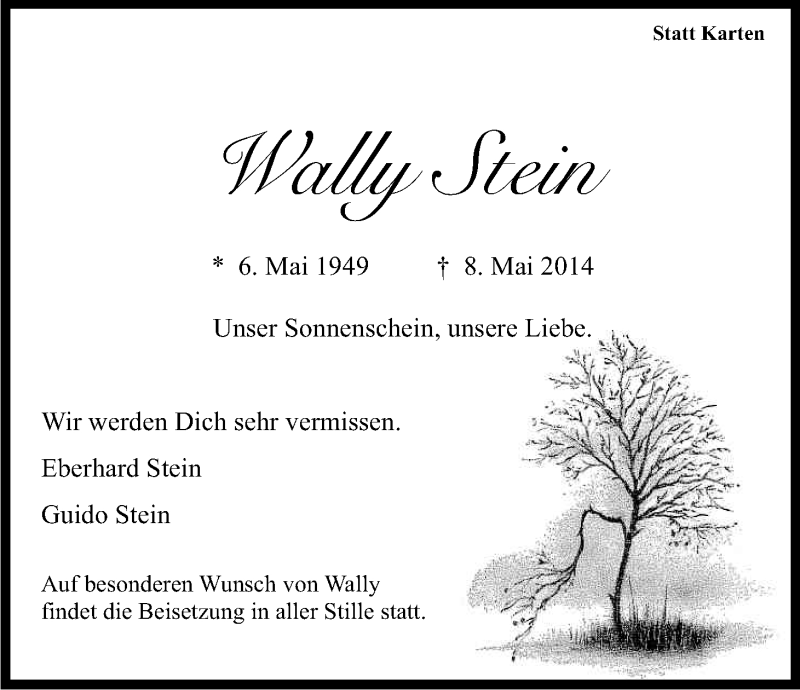  Traueranzeige für Wally Stein vom 14.05.2014 aus Kölner Stadt-Anzeiger / Kölnische Rundschau / Express