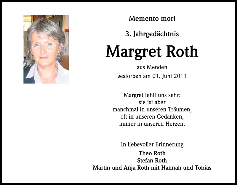  Traueranzeige für Margret Roth vom 02.06.2014 aus Kölner Stadt-Anzeiger / Kölnische Rundschau / Express