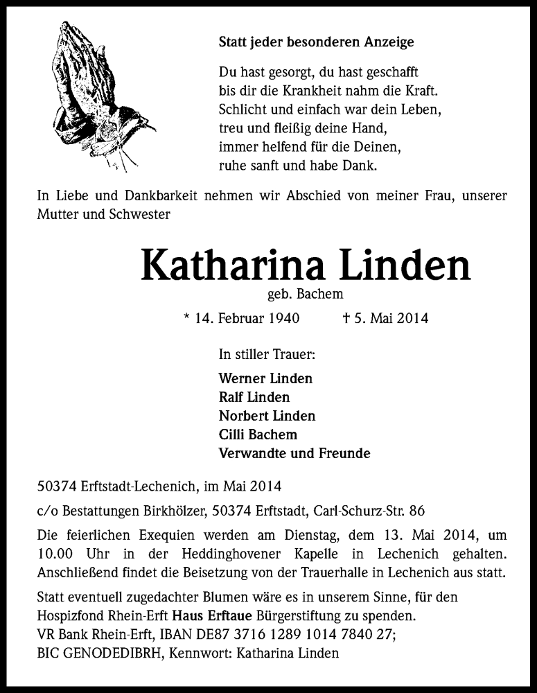  Traueranzeige für Katharina Linden vom 10.05.2014 aus Kölner Stadt-Anzeiger / Kölnische Rundschau / Express