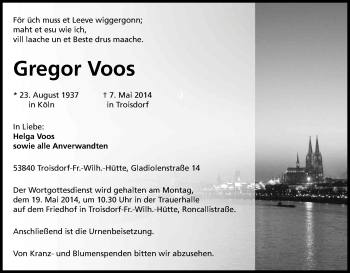 Anzeige von Gregor Voos von Kölner Stadt-Anzeiger / Kölnische Rundschau / Express