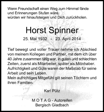 Anzeige von Horst Spinner von Kölner Stadt-Anzeiger / Kölnische Rundschau / Express