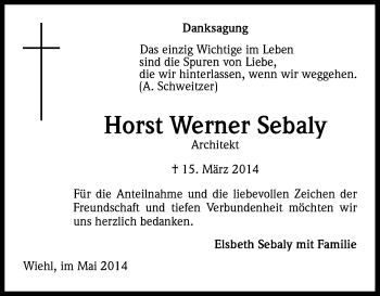 Anzeige von Horst Werner Sebaly von Kölner Stadt-Anzeiger / Kölnische Rundschau / Express