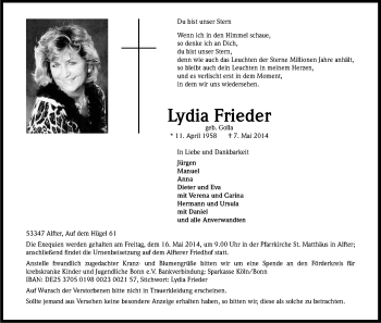 Anzeige von Lydia Frieder von Kölner Stadt-Anzeiger / Kölnische Rundschau / Express