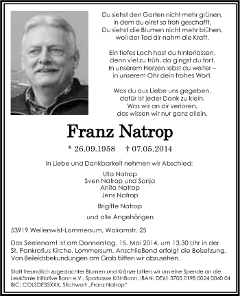 Anzeige von Franz Natrop von Kölner Stadt-Anzeiger / Kölnische Rundschau / Express