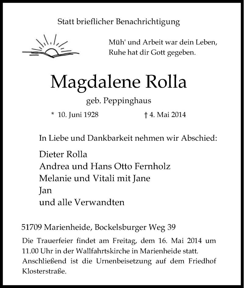  Traueranzeige für Magdalene Rolla vom 12.05.2014 aus Kölner Stadt-Anzeiger / Kölnische Rundschau / Express