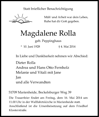 Anzeige von Magdalene Rolla von Kölner Stadt-Anzeiger / Kölnische Rundschau / Express
