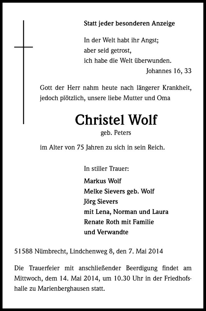  Traueranzeige für Christel Wolf vom 12.05.2014 aus Kölner Stadt-Anzeiger / Kölnische Rundschau / Express