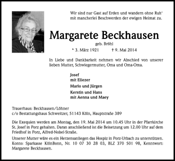 Anzeige von Margarete Beckhausen von Kölner Stadt-Anzeiger / Kölnische Rundschau / Express