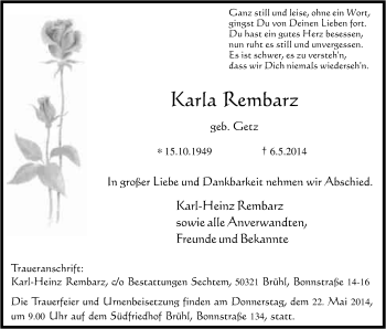 Anzeige von Karla Rembarz von Kölner Stadt-Anzeiger / Kölnische Rundschau / Express