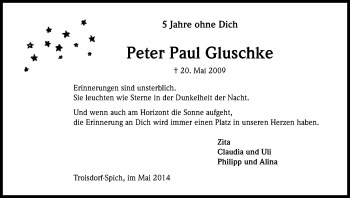 Anzeige von Peter Paul Gluschke von Kölner Stadt-Anzeiger / Kölnische Rundschau / Express
