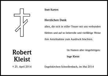 Anzeige von Robert Kleist von Kölner Stadt-Anzeiger / Kölnische Rundschau / Express