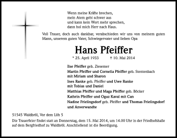 Anzeige von Hans Pfeiffer von Kölner Stadt-Anzeiger / Kölnische Rundschau / Express