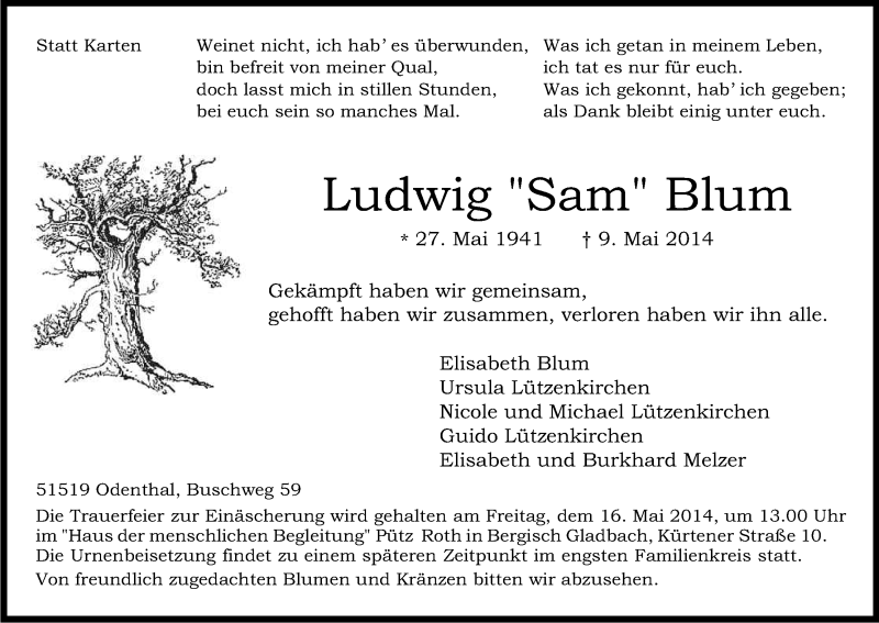  Traueranzeige für Ludwig Blum vom 13.05.2014 aus Kölner Stadt-Anzeiger / Kölnische Rundschau / Express