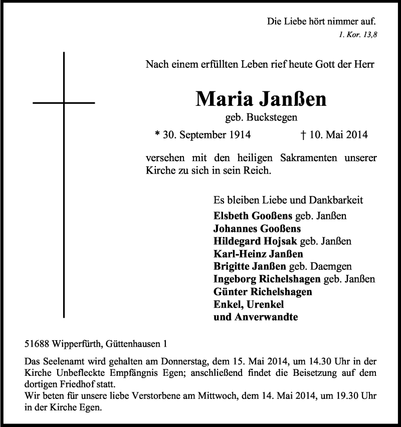 Traueranzeige für Maria Janßen vom 13.05.2014 aus Kölner Stadt-Anzeiger / Kölnische Rundschau / Express