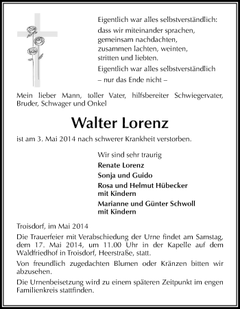 Anzeige von Walter Lorenz von Kölner Stadt-Anzeiger / Kölnische Rundschau / Express
