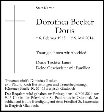 Anzeige von Dorothea Becker von Kölner Stadt-Anzeiger / Kölnische Rundschau / Express