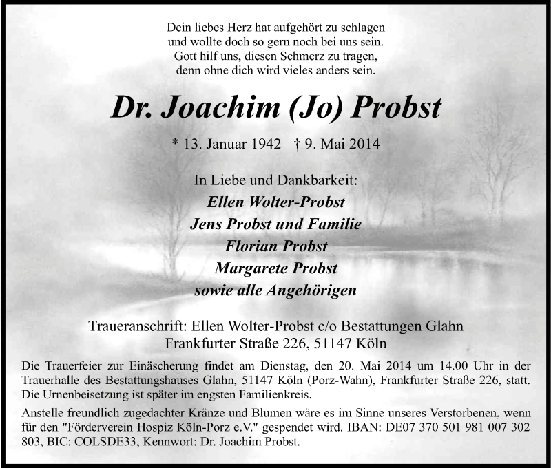  Traueranzeige für Joachim Probst vom 17.05.2014 aus Kölner Stadt-Anzeiger / Kölnische Rundschau / Express