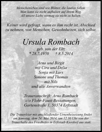 Anzeige von Ursula Rombach von Kölner Stadt-Anzeiger / Kölnische Rundschau / Express