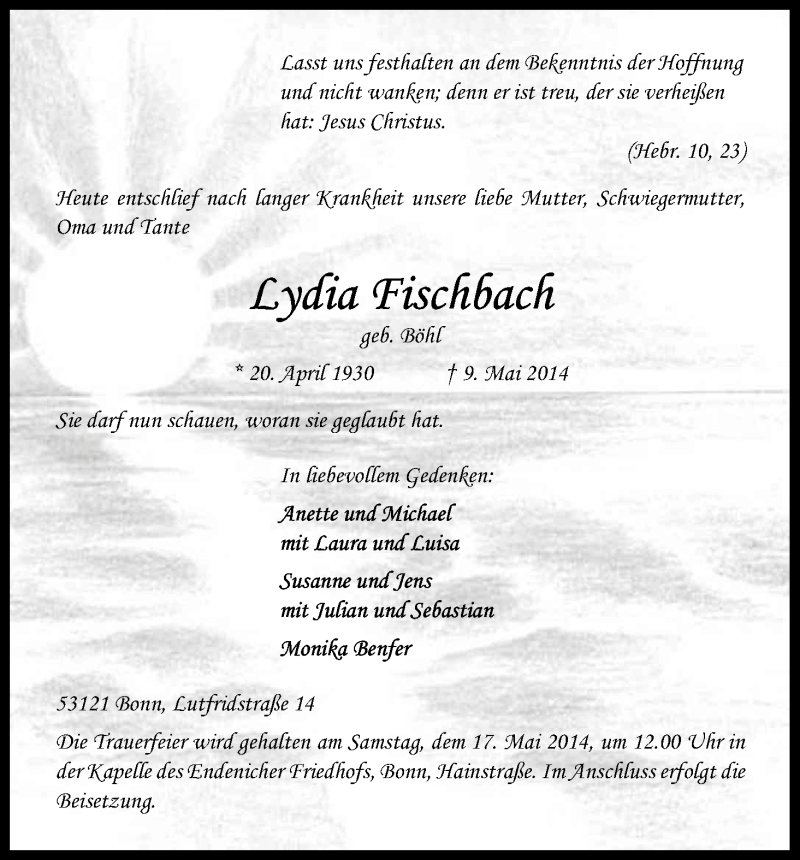  Traueranzeige für Lydia Fischbach vom 13.05.2014 aus Kölner Stadt-Anzeiger / Kölnische Rundschau / Express