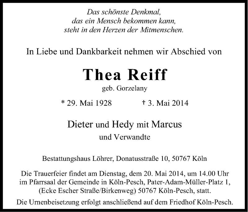 Traueranzeige für Thea Reiff vom 17.05.2014 aus Kölner Stadt-Anzeiger / Kölnische Rundschau / Express