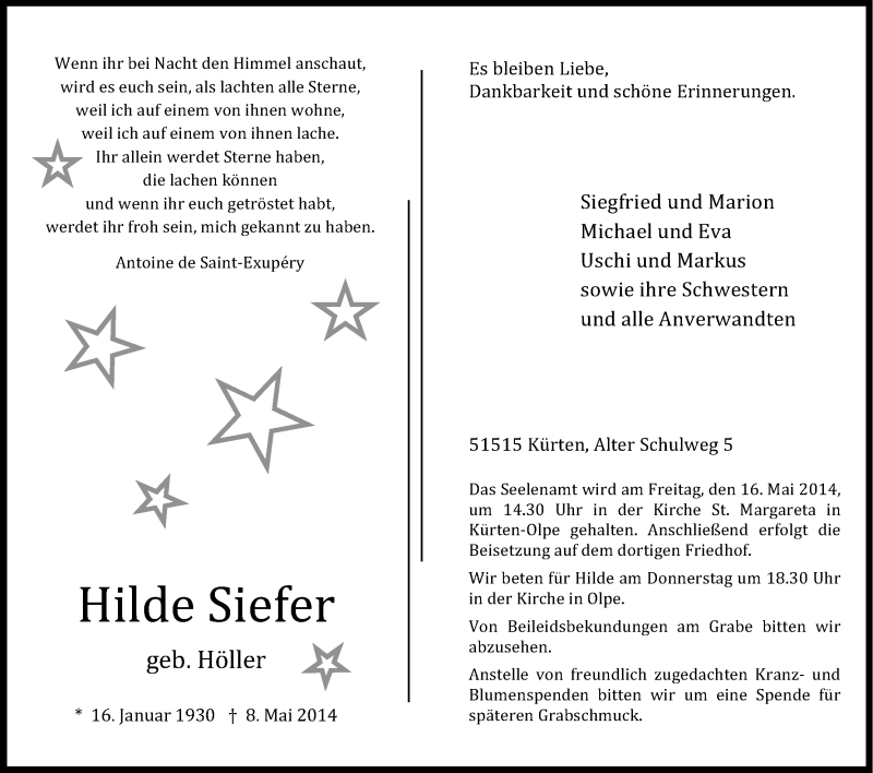  Traueranzeige für Hilde Siefer vom 13.05.2014 aus Kölner Stadt-Anzeiger / Kölnische Rundschau / Express
