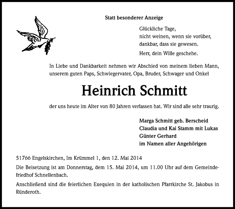  Traueranzeige für Heinrich Schmitt vom 13.05.2014 aus Kölner Stadt-Anzeiger / Kölnische Rundschau / Express