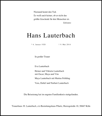 Anzeige von Hans Lauterbach von Kölner Stadt-Anzeiger / Kölnische Rundschau / Express