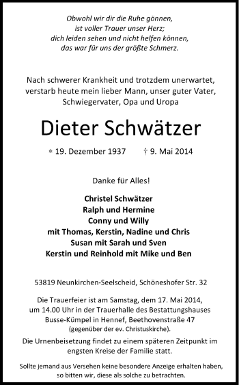 Anzeige von Dieter Schwätzer von Kölner Stadt-Anzeiger / Kölnische Rundschau / Express