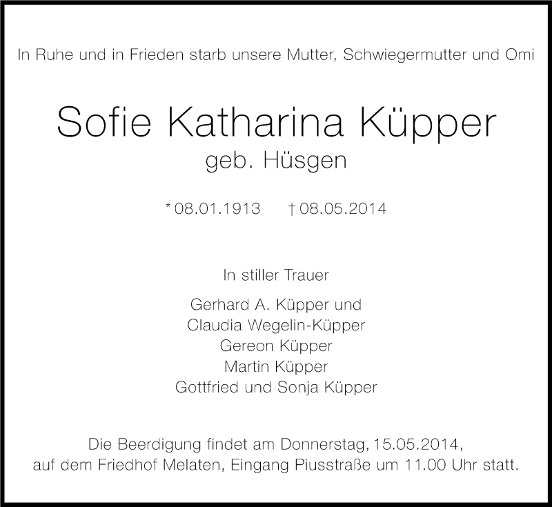  Traueranzeige für Sofie Katharina Küpper vom 13.05.2014 aus Kölner Stadt-Anzeiger / Kölnische Rundschau / Express