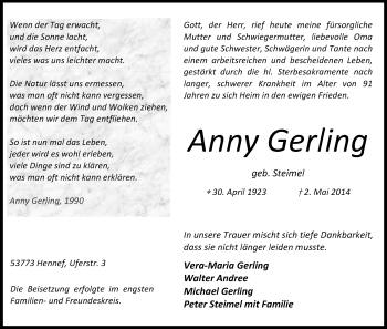 Anzeige von Anny Gerling von Kölner Stadt-Anzeiger / Kölnische Rundschau / Express