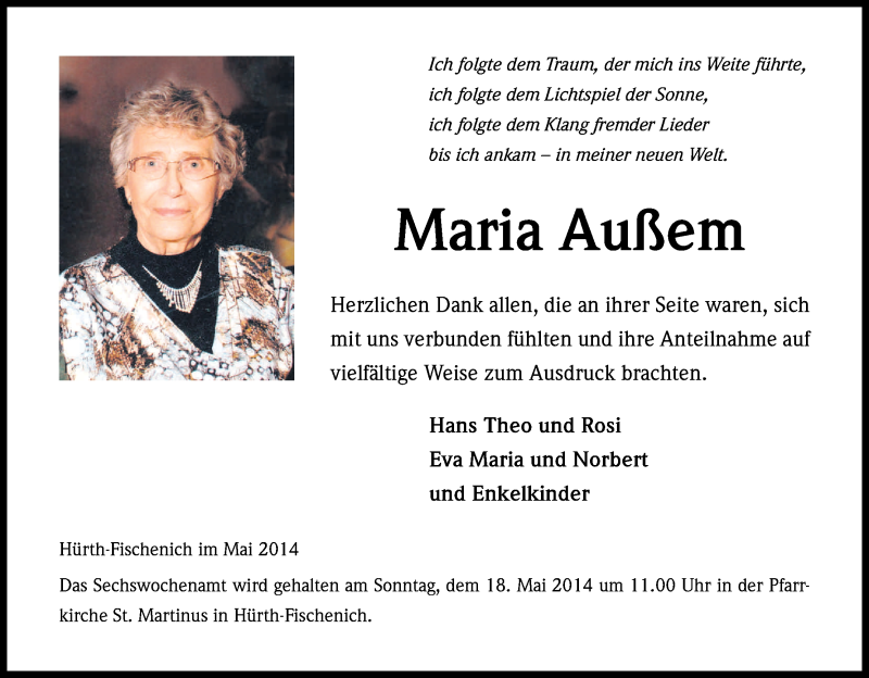  Traueranzeige für Maria Außem vom 14.05.2014 aus Kölner Stadt-Anzeiger / Kölnische Rundschau / Express