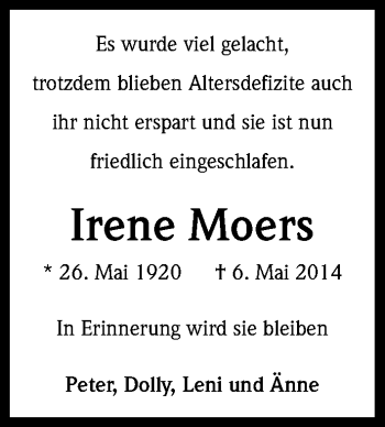 Anzeige von Irene Moers von Kölner Stadt-Anzeiger / Kölnische Rundschau / Express