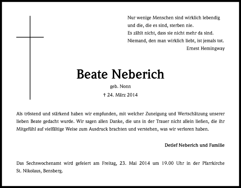  Traueranzeige für Beate Neberich vom 21.05.2014 aus Kölner Stadt-Anzeiger / Kölnische Rundschau / Express