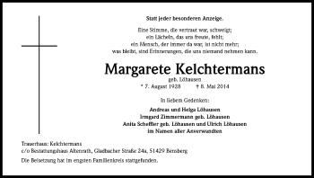 Anzeige von Margarete Kelchtermans von Kölner Stadt-Anzeiger / Kölnische Rundschau / Express