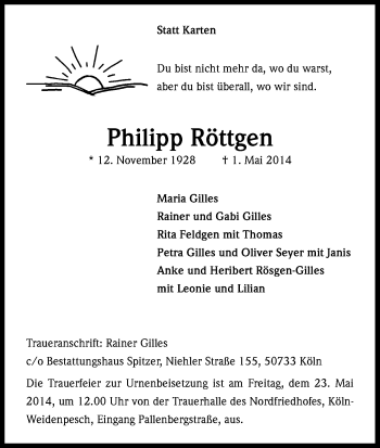 Anzeige von Philipp Röttgen von Kölner Stadt-Anzeiger / Kölnische Rundschau / Express