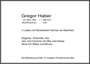 Anzeige von Gregor Haber von Kölner Stadt-Anzeiger / Kölnische Rundschau / Express