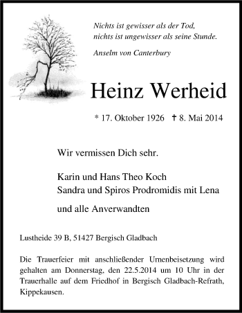 Anzeige von Heinz Werheid von Kölner Stadt-Anzeiger / Kölnische Rundschau / Express
