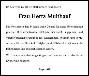 Anzeige von Herta Multhauf von Kölner Stadt-Anzeiger / Kölnische Rundschau / Express