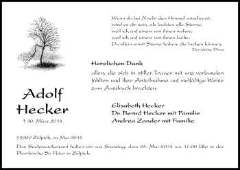 Anzeige von Adolf Hecker von Kölner Stadt-Anzeiger / Kölnische Rundschau / Express