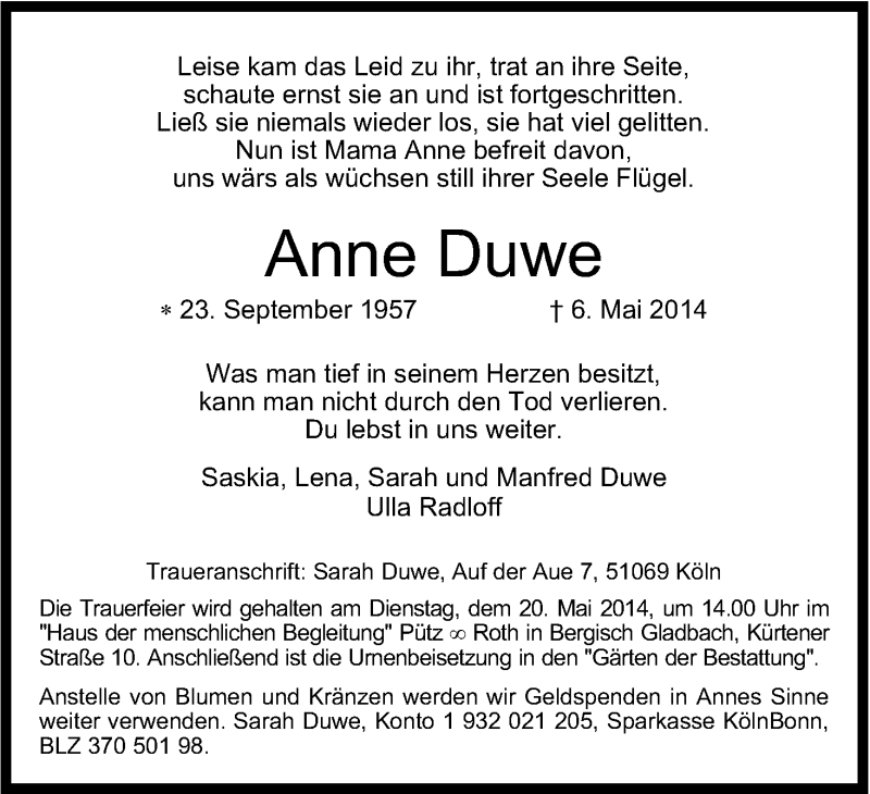  Traueranzeige für Anne Duwe vom 14.05.2014 aus Kölner Stadt-Anzeiger / Kölnische Rundschau / Express