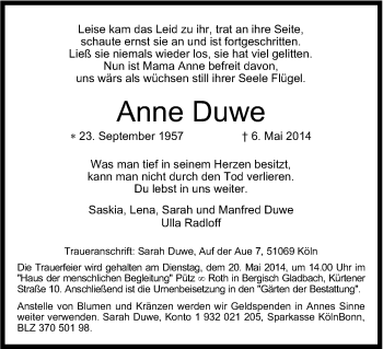 Anzeige von Anne Duwe von Kölner Stadt-Anzeiger / Kölnische Rundschau / Express