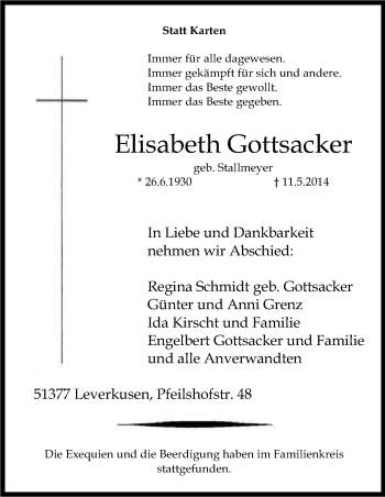Anzeige von Elisabeth Gottsacker von Kölner Stadt-Anzeiger / Kölnische Rundschau / Express