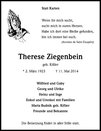 Anzeige von Therese Ziegenbein von Kölner Stadt-Anzeiger / Kölnische Rundschau / Express