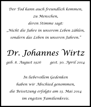 Anzeige von Johannes Wirtz von Kölner Stadt-Anzeiger / Kölnische Rundschau / Express