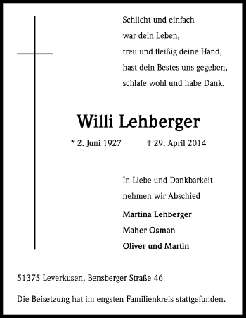 Anzeige von Willi Lehberger von Kölner Stadt-Anzeiger / Kölnische Rundschau / Express