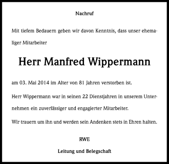 Anzeige von Manfred Wippermann von Kölner Stadt-Anzeiger / Kölnische Rundschau / Express