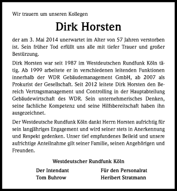 Anzeige von Dirk Horsten von Kölner Stadt-Anzeiger / Kölnische Rundschau / Express